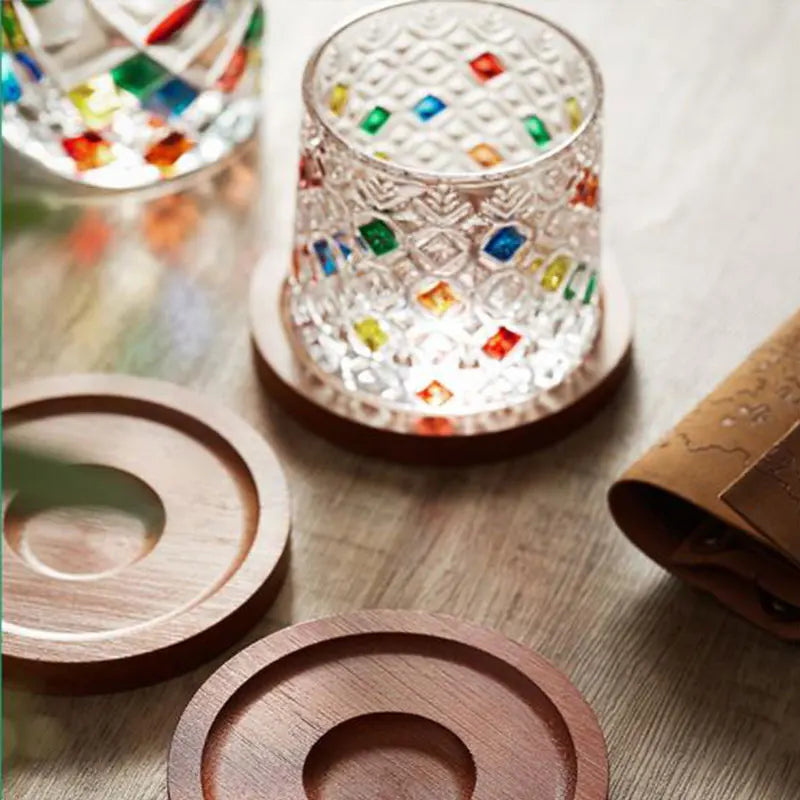 Hemasa 250 ml Rotating Crystal Whiskey Glasses With Wooden Coaster Tray/ Colored Glass Cup/ Colored Stress Relief Glass Cup