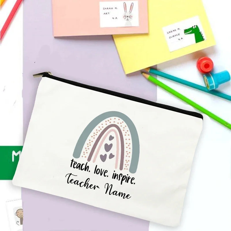 Rainbow Teacher Print Custom Name Personalized Supplies Storage Bags Travel Wash Pouch Makeup Bag Gifts Stationery Pencil Case
