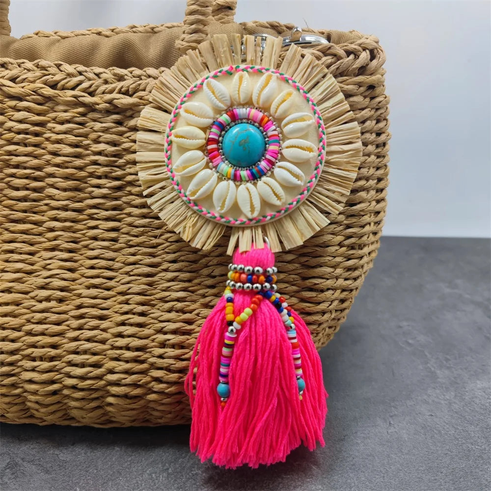 Leather Tassel With Colorful Pompons Handbag Accessorise Boho Style Keychains For Women Keyring Jewelry
