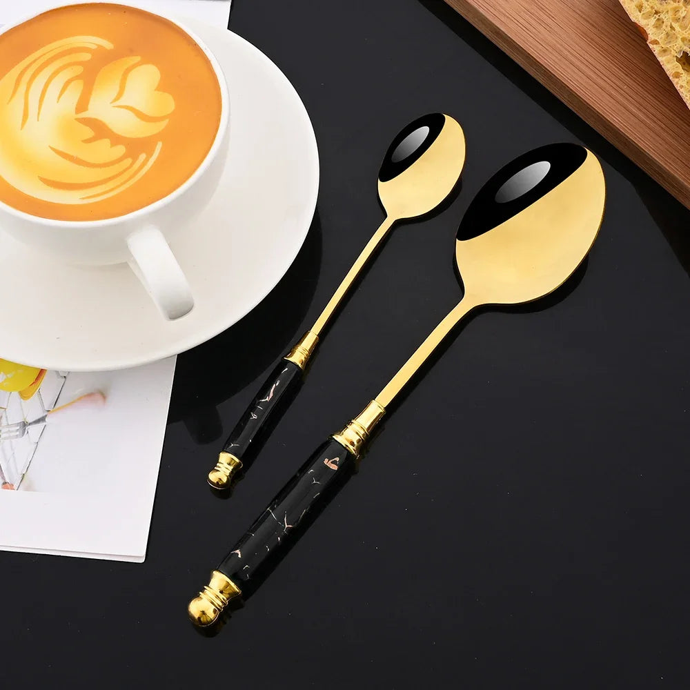Hemasa 30Pcs   Ceramic Handle Tableware Forks and  Spoons  Knife Set Stainless Steel Dinnerware Cutlery Set