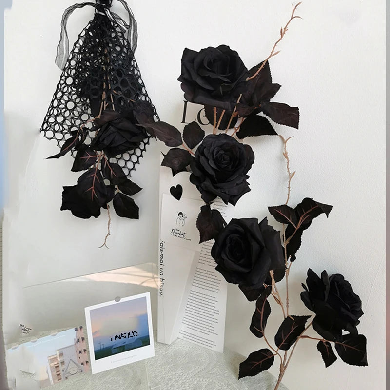 4Pcs Black Rose Artificial Flowers Halloween Decoration Silk Flower for Home Wedding Party Event Flower Arrangement Fake Roses