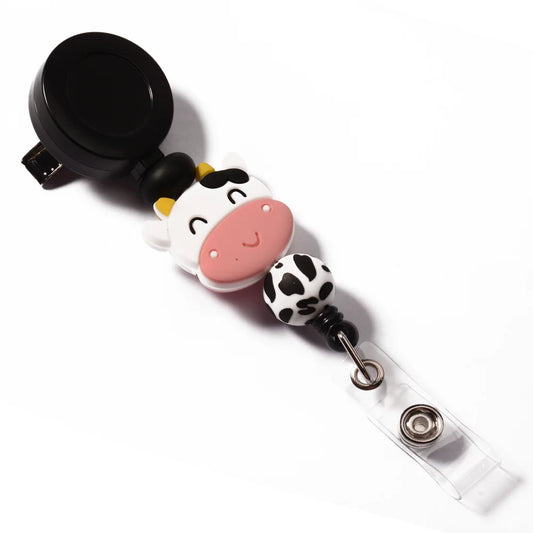 2024 New Fashion Cute Cows Bee Retractable Badge Reel Silicone Bead Teacher Nurse Badge Reel ID Card Holder Valentine's Day Gift