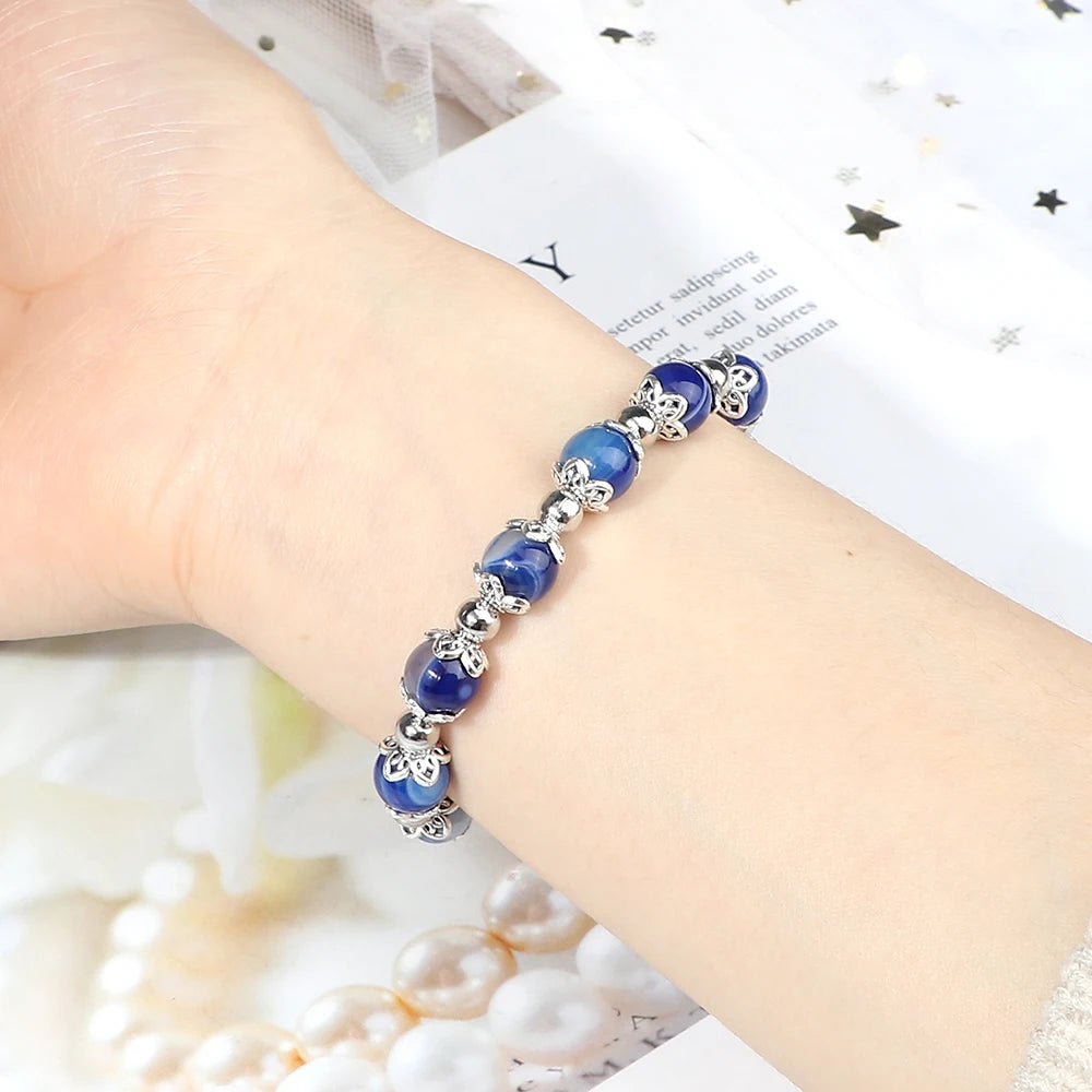 Charm 8mm Natural Striped Agate Opal Beads Bracelets Handmade Elastic Rope Bangles Yoga For Women Friends Jewelry Gifts Pulsera
