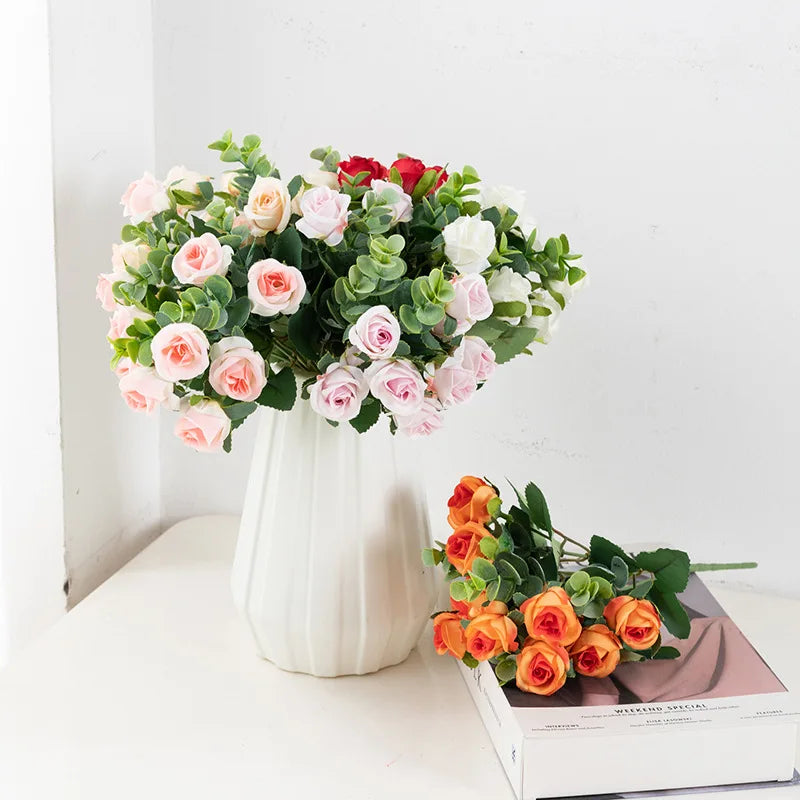 Tejesa 30cm 10Heads Artificial Red Roses Flower Bouquet Home Living Room Office Desktop Ornament Fake Flowers Wedding Party Decor