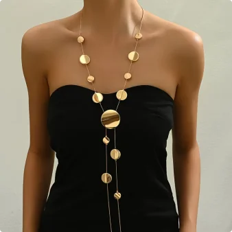 Elegant Sexy Gold round Disc Decorated Long Chain Necklace Fashionable Accessory for Daily Wear And Parties