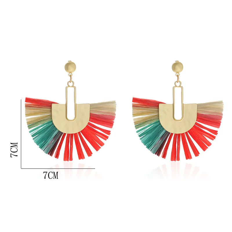 Hemasa Bohemian Vintage Fan Shaped Tassel Earrings for Women Geometric Hand Woven Tassel Earrings with Ethnic Style Earrings