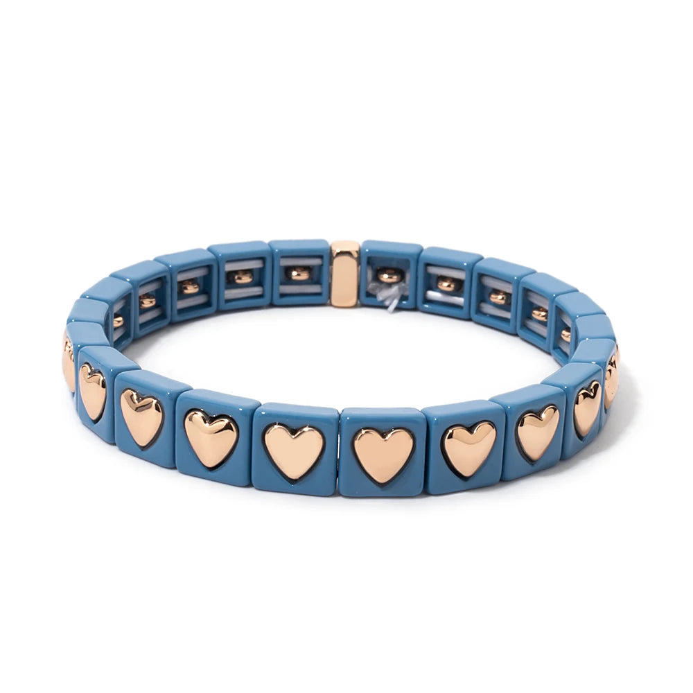 8mm Square Shape Love Bangle For Women Rainbow Color Peach Boho Enamel Elastic Beads Bracelets