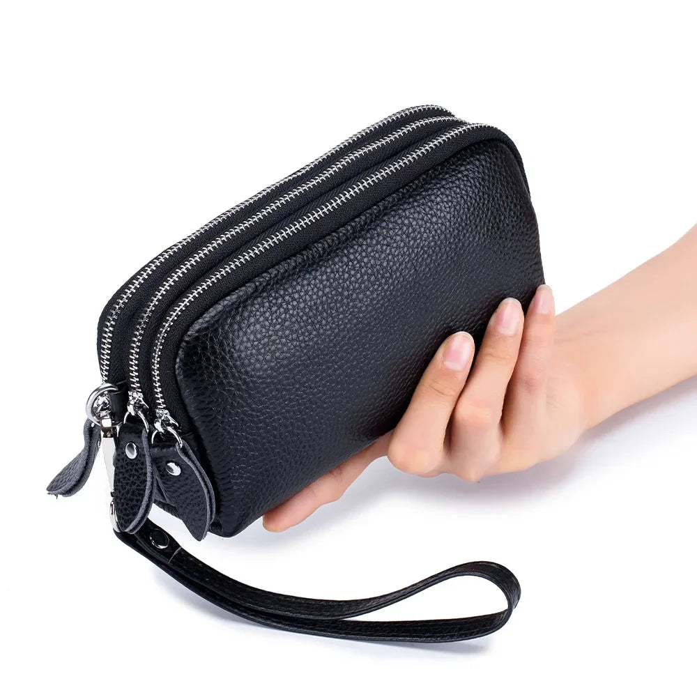 Hemasa   Leather Long Wallet   3-Layer Zipper Purse Bag Large Capacity Wristlet Clutch Wallets /Phone Bag /Money Purses