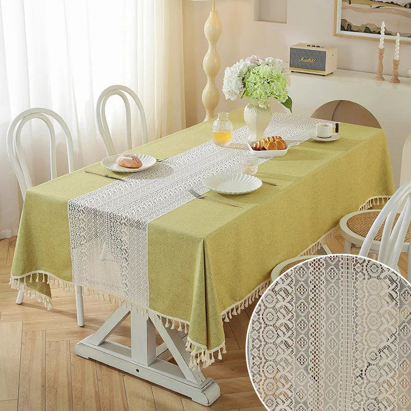 Tejesa Polyester and linen, with a simple and elegant style. Hollow out and spliced rectangular shape Table Cloth
