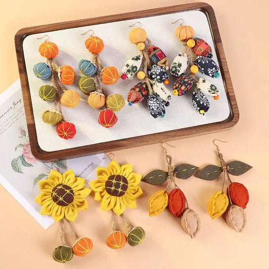 Unique Fabric Flower Earrings Creative Handmking Statement Jewelry Exaggerated Boho Earrings Vintage Ethnic Tassel Long Earrings