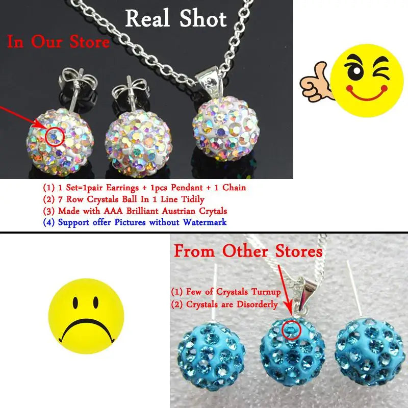 Brand Female Jewelry Set Women's Fashion Ab White Crystal 10mm Ball Drop Earrings Necklace Pendant Set Silver Color Wholesale