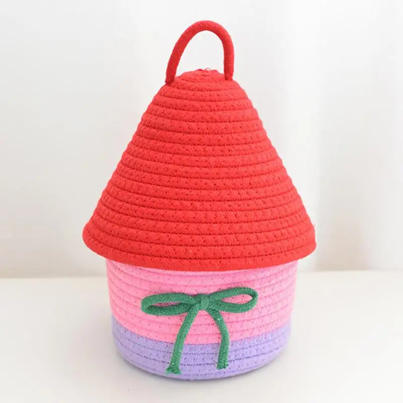 Tejesa Large Capacity  Woven Basket with Lid Cartoon House aped Storage Container Fun Desktop Organizer Basket for Home Use