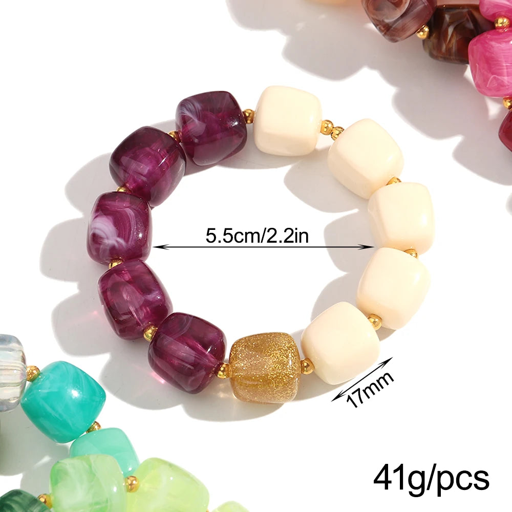 New Multicolor Acrylic Geometric Bead Bracelet for Women Trendy Resin Irregular Square Elastic Bracelets Handmade Jewelry Gift