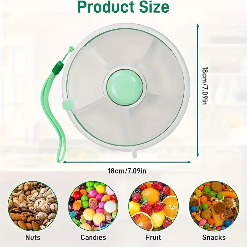 Tejesa 5-Compartment Rotating Snack Storage Box,Portable Outdoor Fruit Tray with Lid, Detachable and Washable Organizer for Home,School