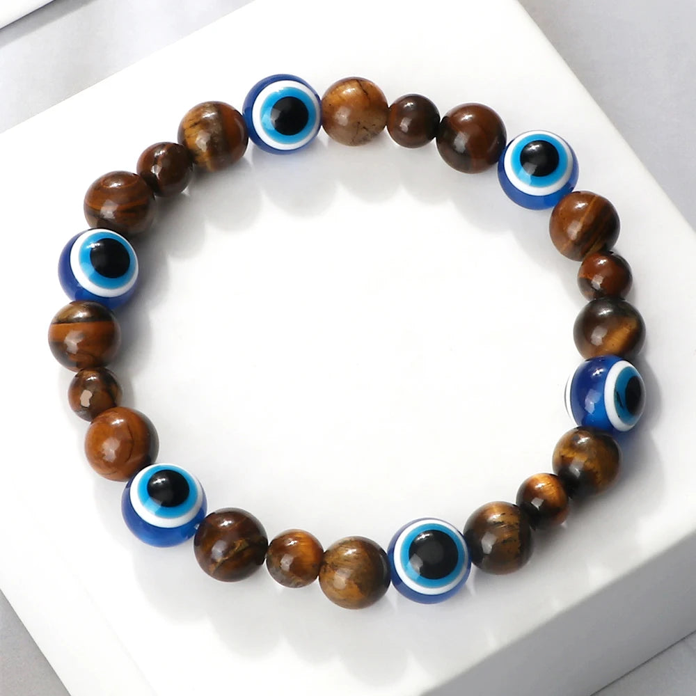 Blue Evil Eye Beaded Bracelets Natural Cat Eye Stone 6 8mm Opal Men Bangles Adjustable Women Bracelet Lucky Yoga Jewelry Gifts