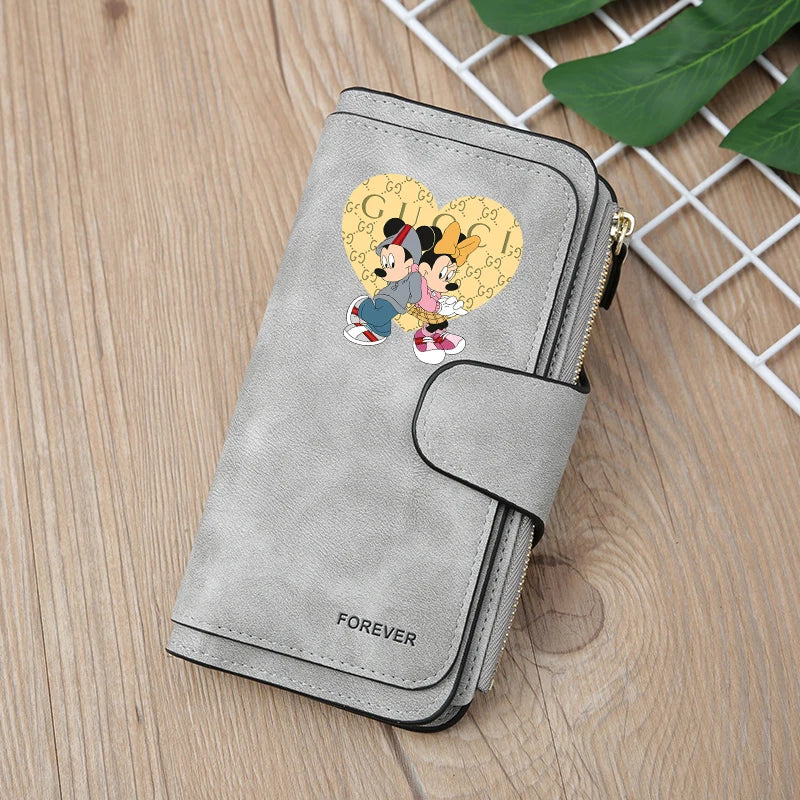 Mickey Minnie Mouse Pu Leather Wallet Women Zipper Frosted Coin Purse Ladies Credit ID Card Holder Disney Versatile Long Wallet