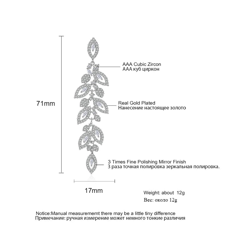 Hemasa Luxury Shiny Zircon Polish Bridal Wedding Dange Earrings Elegant Marquise Leaf AAA CZ Long Drop Earring Party Jewelry