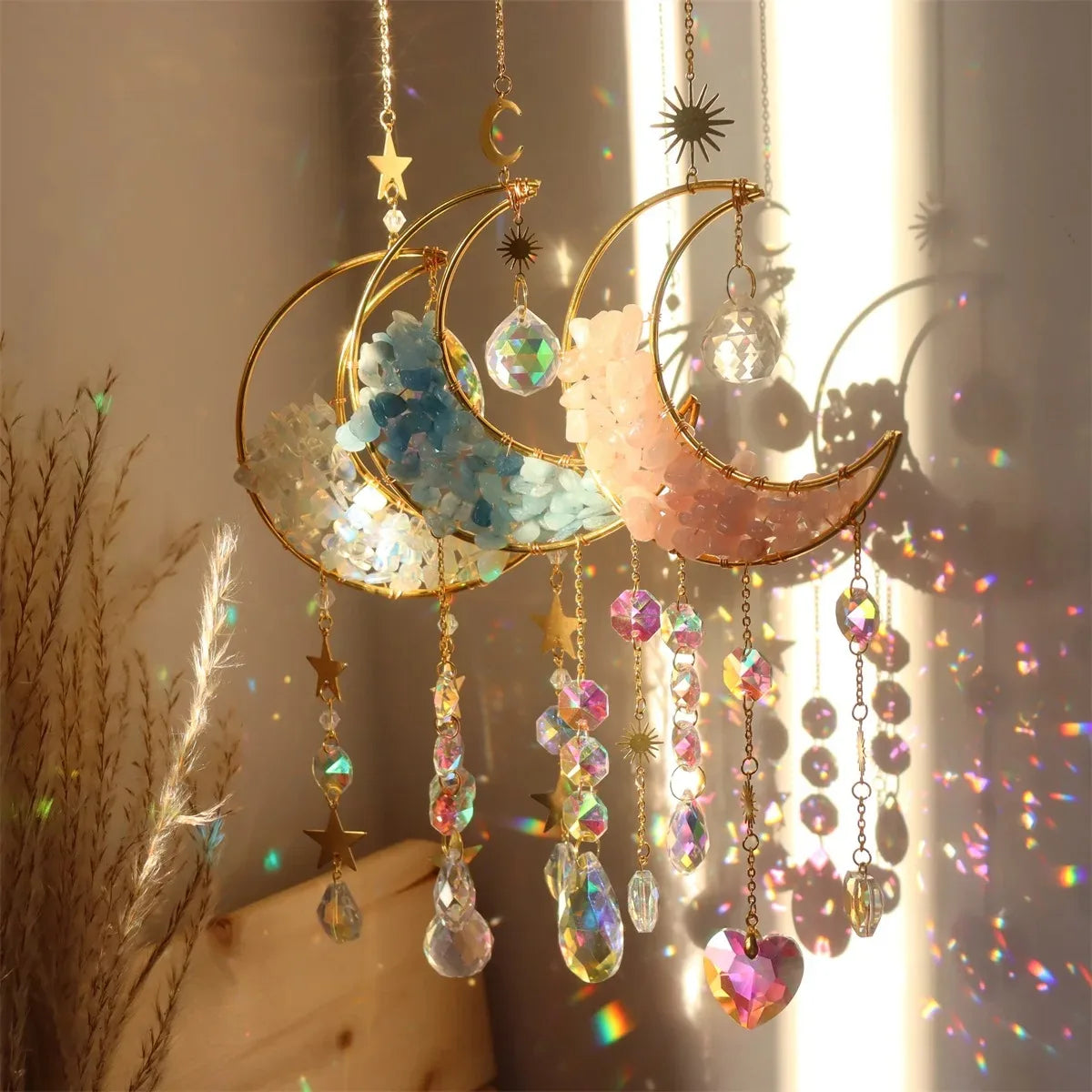 Hemasa Crystal Sun Catcher Wind Chimes Wall Hanging Decor Prism Wind Bell Moon Catchers Rainbow Maker Bedroom Home Decoration Art Gift