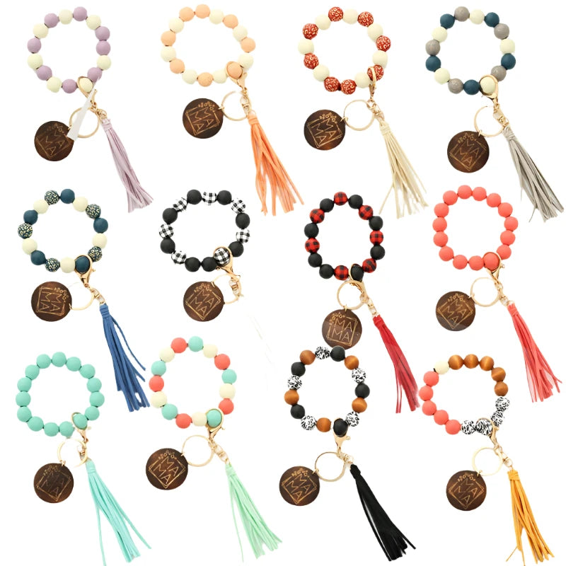 Hemasa Silicon Beads Wooden Disc Bracelet Tassel Keychain Wristlet Gift for Her Key Ring