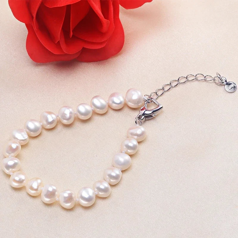 YWYC 5-6mm Heart Buckle Bracelet for Women Natural Freshwater Baroque Pearl 16-20cm Bracelets with Chain