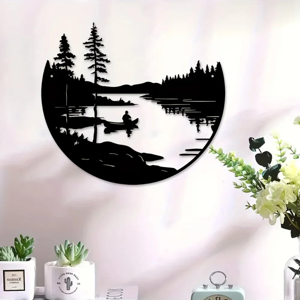 Hemasa 1 pc of bohemian style metal wall art scenic lake and mountain silhouette round outdoor sculpture home and patio wall decoration