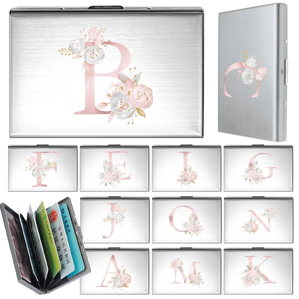 Tejesa Metal Business Card Holder - Slim Pocket Business Card Case for Unisex /Stainless Steel IC Cards /Pink Flower Print Series