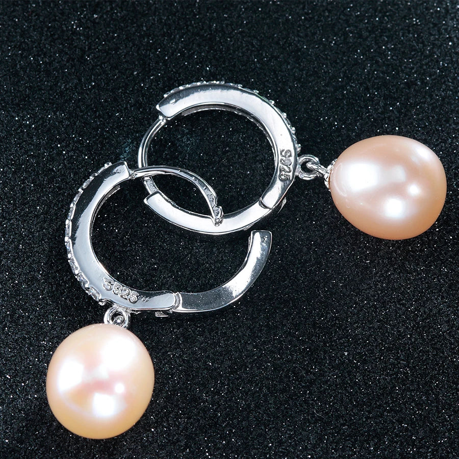 Simple 925 Silver 8-9mm Pearl Earring for Women Real Natural Freshwater Pearl Rice Round Hoop Earrings Fashion Jewelry Gifts