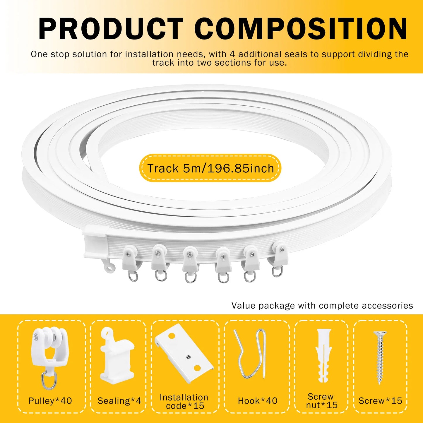 16.4 ft Ceiling Curtain Rail Flexible Ceiling Mount Curtain Track with Mute Roller Sliding Curtain Rail Window Decor Accessorie