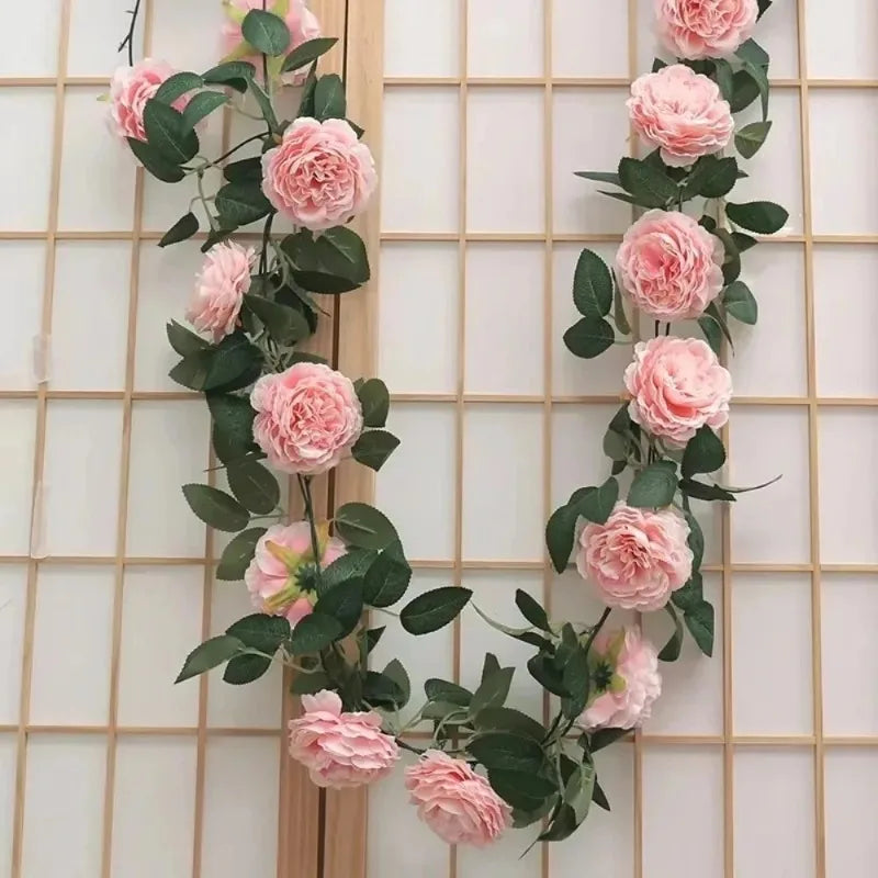 Wall Hanging Pink Silk Peony Artificial DIY Home Garden Decoration Artificial Flower Garland Green Plants Big Flowers Vines