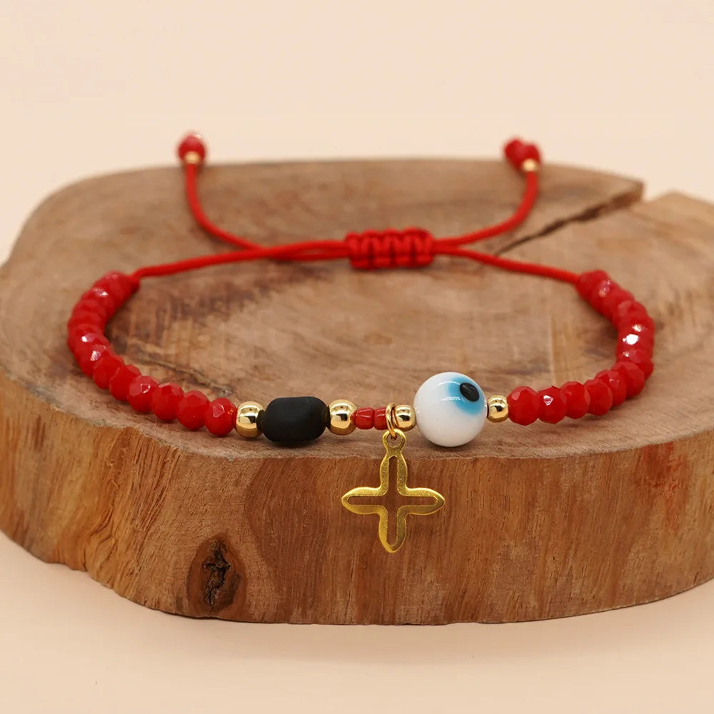 Tejesa Turkish Eye Charm Cross Pendant Women Fashion Jewelry Bohemian Summer Lucky Handmade Friendship Rope Red Crystal Bead Bracelet