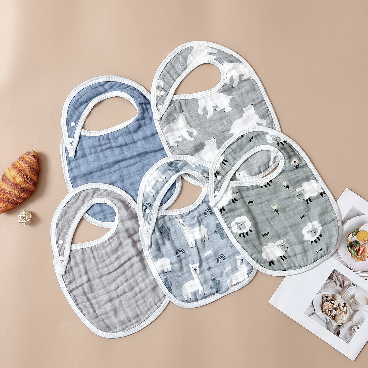 Tejesa 5pcs Set Breathable Bamboo Cotton New born Muslin Feeding Bib/ Antibacterial Baby Burp Cloth