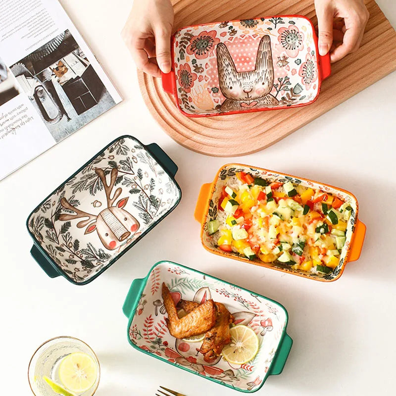 Hemasa Ceramic Bakeware With Handle Forest Animals Baking Pan  Underglaze  Kitchen Tableware Salad Bowl Au Gratin Dishes