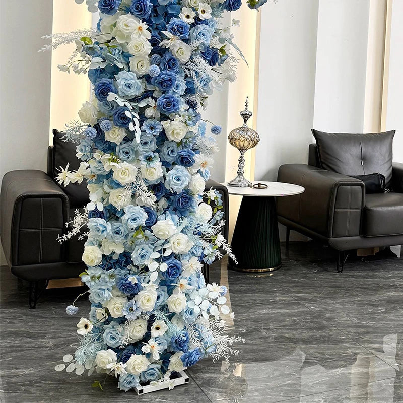 Blue White Rose Hydrangea Flower Row Runner Arrangement Wedding Backdrop Arch Decor Floral With Frame Event Banquet Party Props
