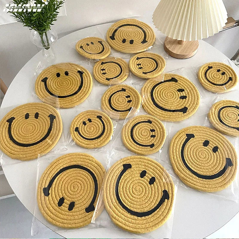 Hemasa Smiling Face Round Mat Woven Placemats Anti Slip Dining Table /Cup Coasters(Set of 6)