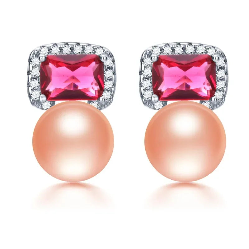 High Quality Red Zircon 925 Sterling Silver Earrings Jewelry 100% Genuine Natural Freshwater Pearl Stud Earrings for Women