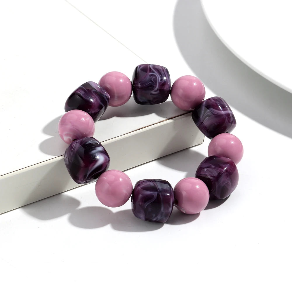 Bohemian Acrylic Geometric Square Round Beads Elastic Bracelets for Women Trendy Resin Beaded Stackable Bracelet Bangle Jewelry