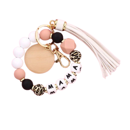 Hemasa Mother's Day Gift Leopard Silicone Bead Key Chain Letter MAMA Beaded Wristlet Keychain With Wood Disc Leather Tassel Key Ring