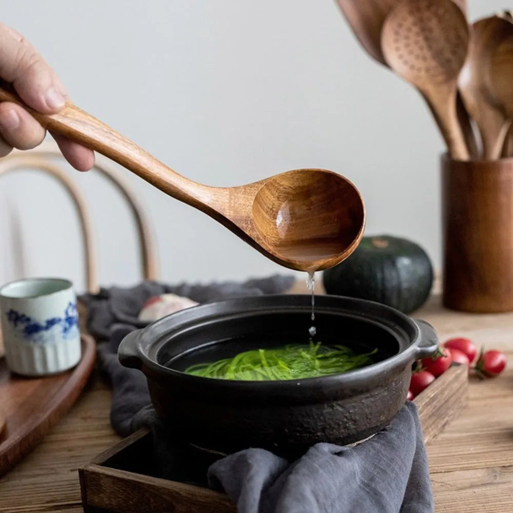 Hemasa Thailand Teak Natural Wood Tableware Spoon Ladle Turner Long Rice Colander Soup Skimmer Cooking Spoons Scoop Kitchen Tool Set