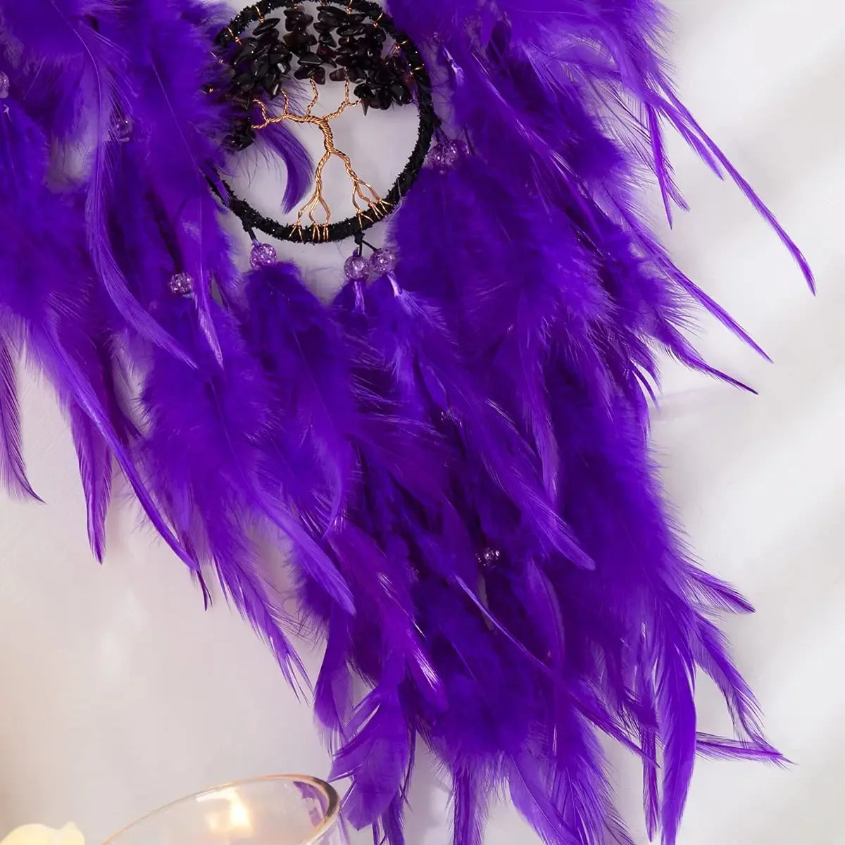 Tejesa Purple Dream Catcher   with Healing Crystal Stones /Feather Dual Tree of Life Hanging Ornament for Home/ Bedroom /Party/ Gift