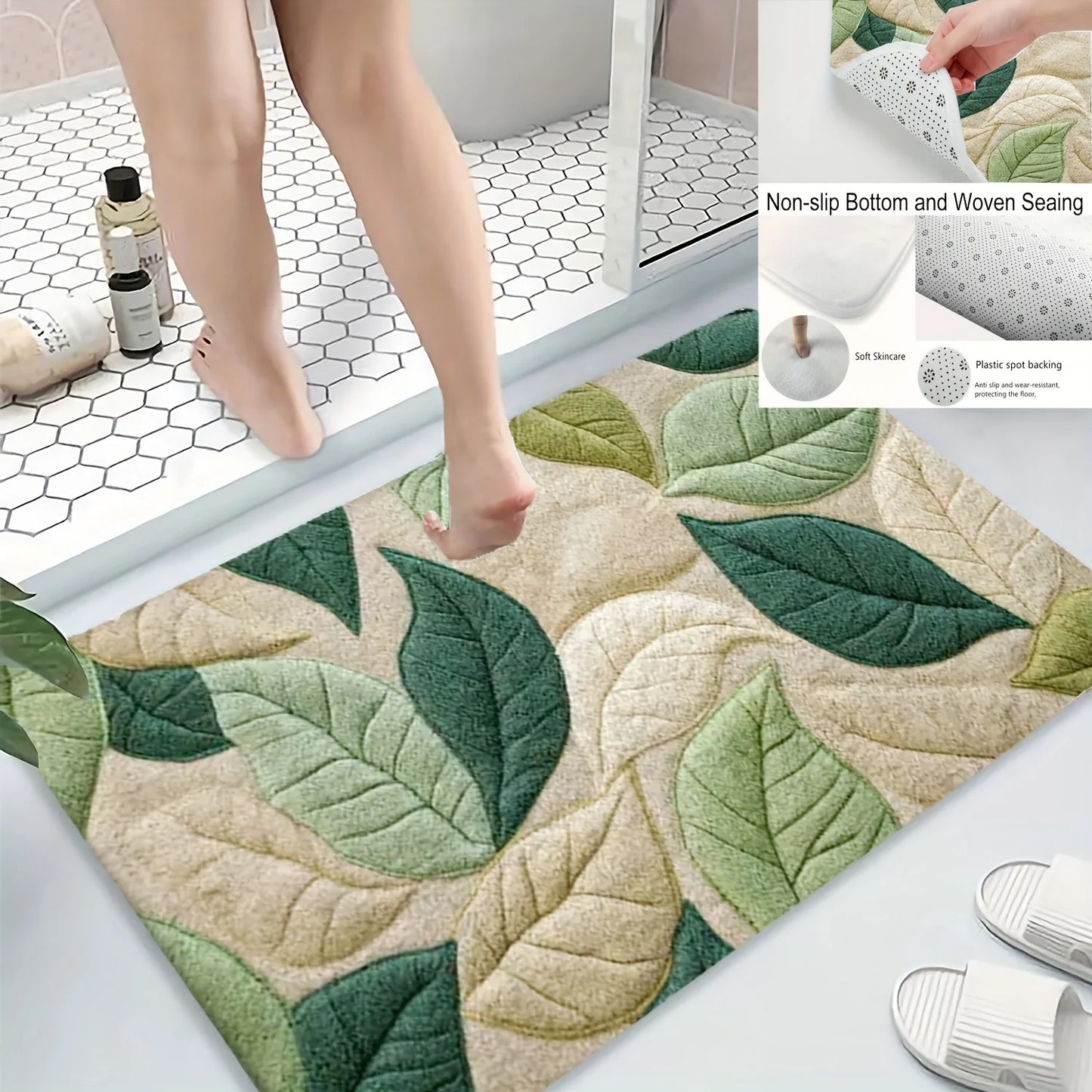 Hemasa Green Leaf Pattern Bath Mat/Soft Flannel Non-Slip Rug/Kitchen/Entryway/Shower