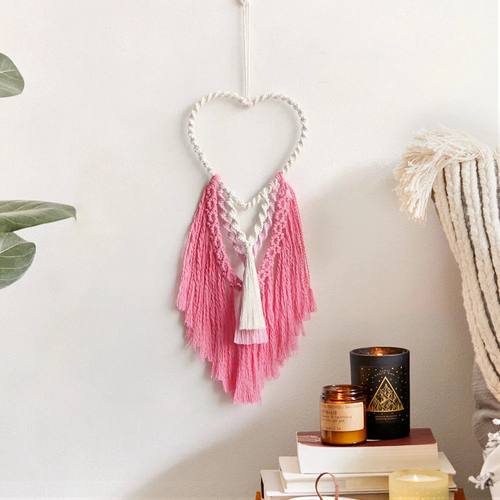 Heart-shaped Macrame Wall Art Boho Home Decor Handmade Woven Pink Love Wall Hanging Tapestry Ornaments for Girls Room Decoration
