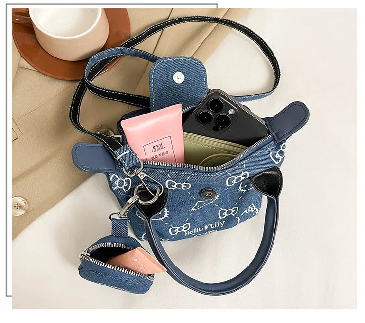 Cute Sanrio Hello Kitty Bag Denim Handbag Cartoon Printed Crossbody Bag Cosmetic Shoulder Bag Women Girls Makeup Organizer