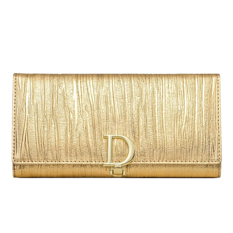 Tejesa Ladies Long Leather Wallet, Leather Phone Purse, Card Holder with Stripe Design, Women's Cartera Style (Gold)