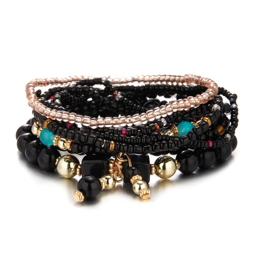 Bohemian Dopamine Colorful Beads Bracelet Set For Women Lady Handmade Elastic Multilayer Bangle Jewelry New Accessories