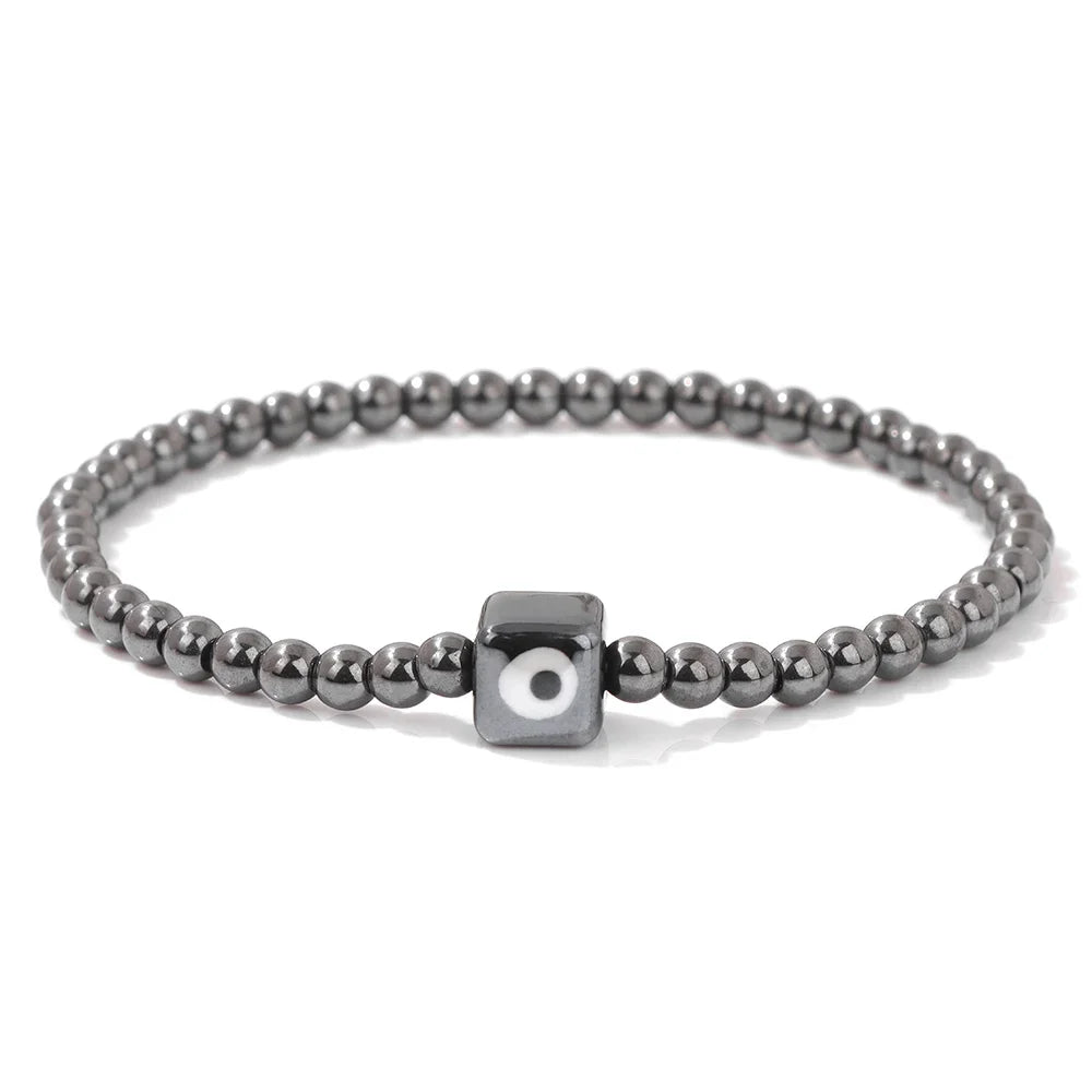 Tejesa Square Eye Bracelet Natural Stone 4mm Beads Elastic Bracelets for Women Men Turkish Evil Eye Lucky Protection Blessing Jewelry