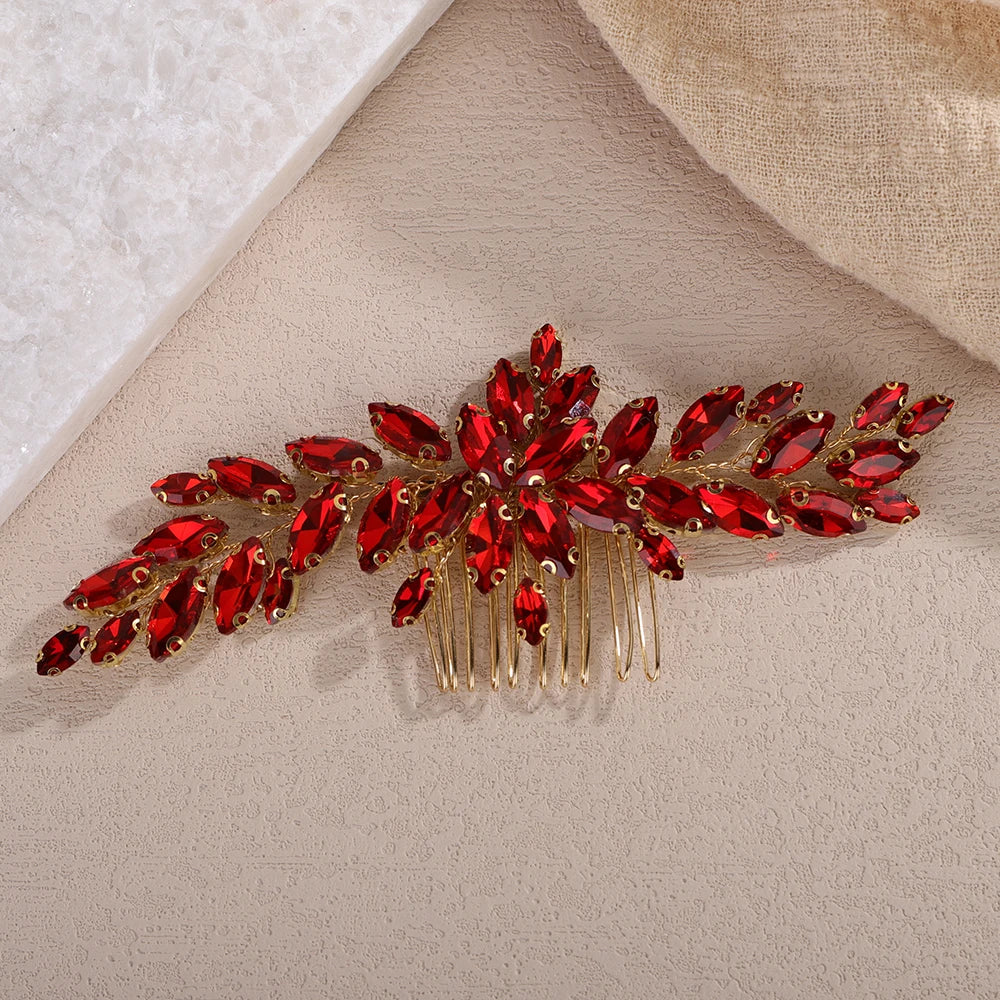 Hemasa  Rhinestone Bridal Hair Comb /Red Blue Headpiece for Women