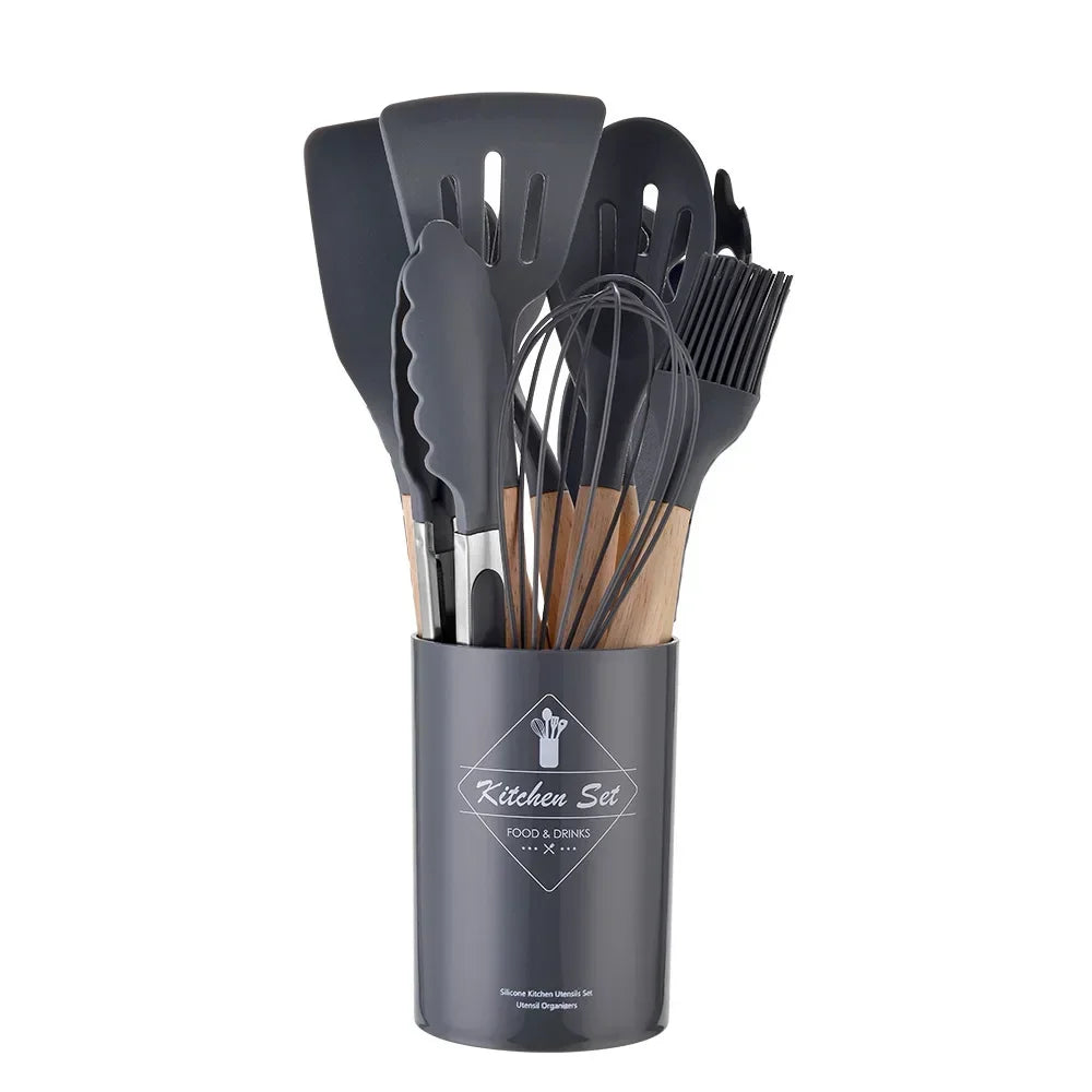 Hemasa 12PCS Silicone  Non-Stick Cookware Kitchen Utensils Set Spatula Shovel Egg Beaters Wooden Handle Cooking Tool Set