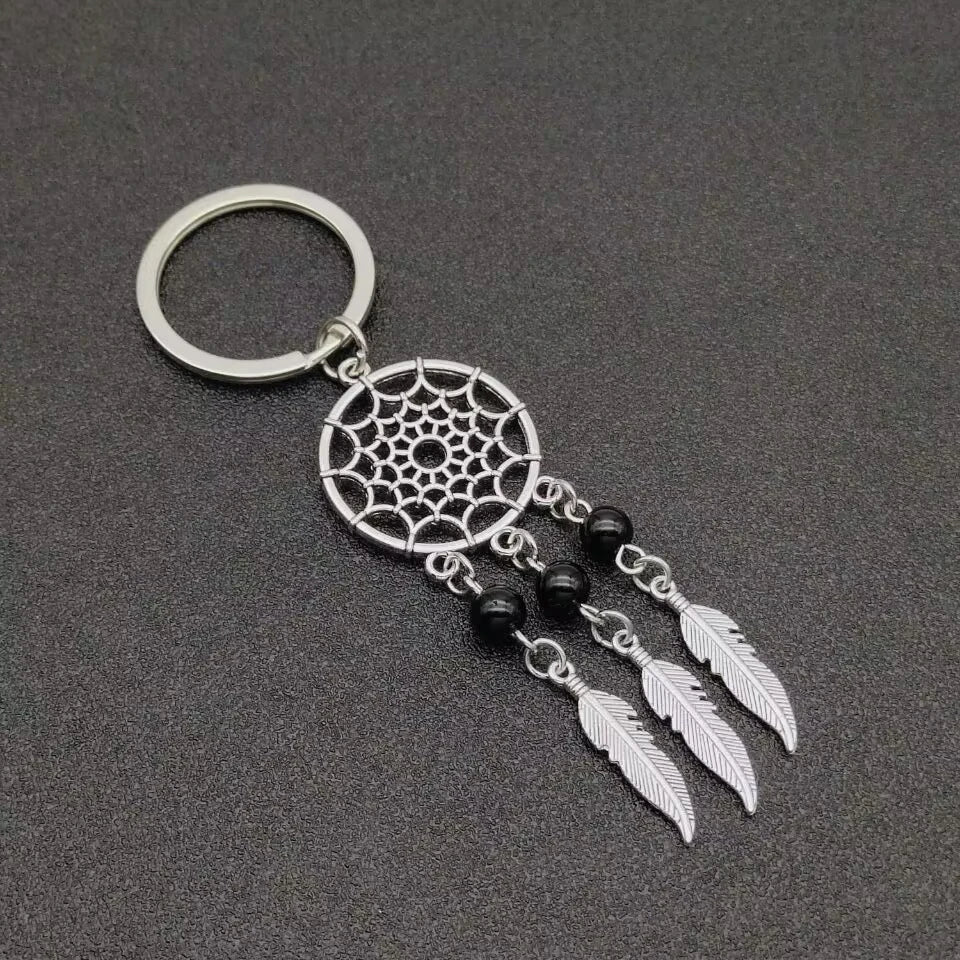 Dream Chaser Keychain Tassel Feather Pendant Keyring Beads Royal Blue Black Beads Charm Retro Car Key Chain Dream Chaser Gift