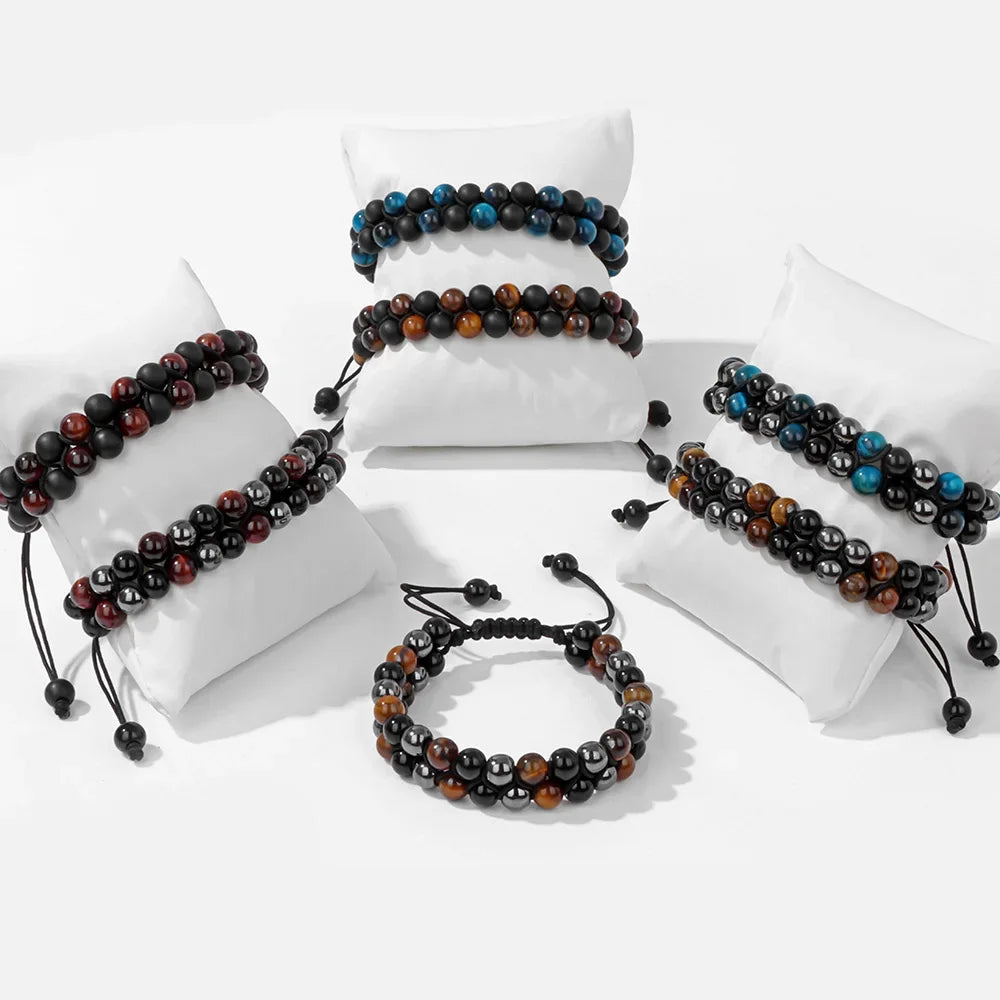 Triple Protection Bracelet 6mm Beads Tigers Eye Black Obsidian Hematite Bracelets For Men Women Brave Bracelets Hombre Jewelry