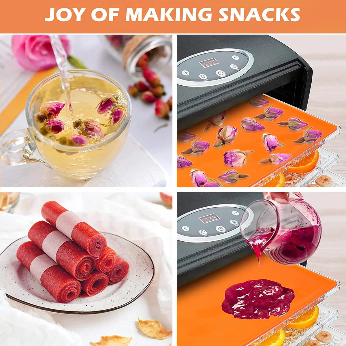 4pcs Silicone Dehydrator Mats with Edge Non-stick Dehydrator Sheets Multifunctional Dehydrator Trays with Silicone Scraper
